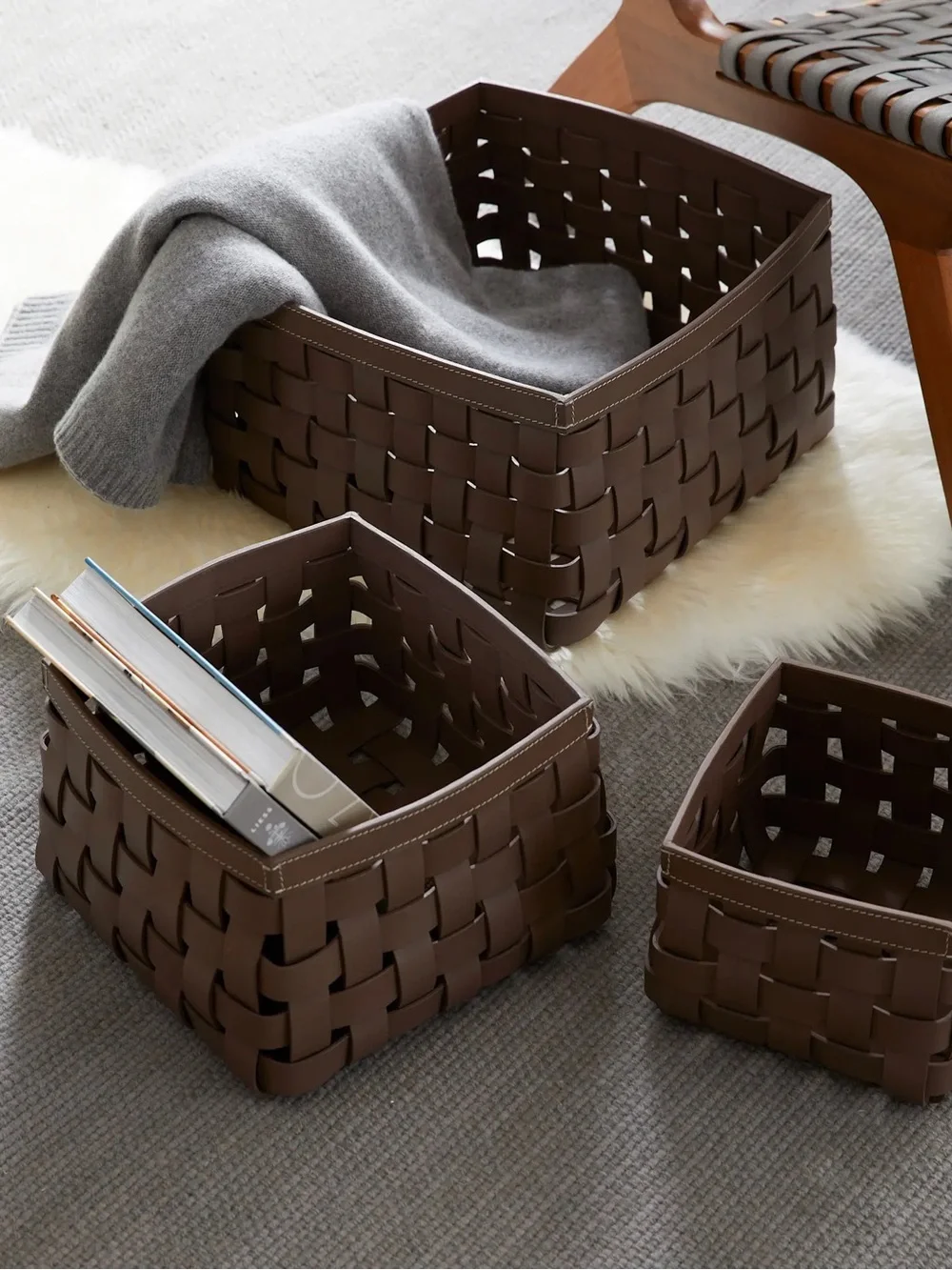 QUINCE Set Of 3 Recycled Woven Leather Baskets Brown 9343